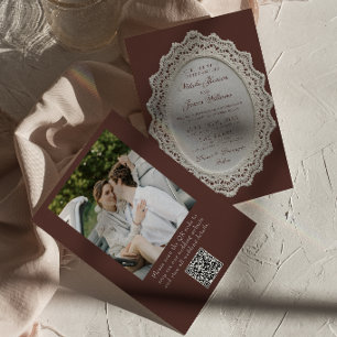 Antieke Espresso Kantwerk QR Code Foto Bruiloft Kaart