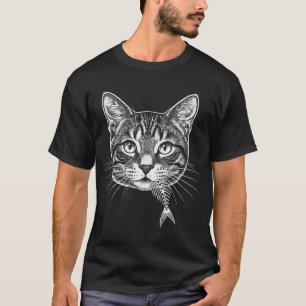 Antieke ets Kattenkop met Vissenbot-Skelet T-shirt