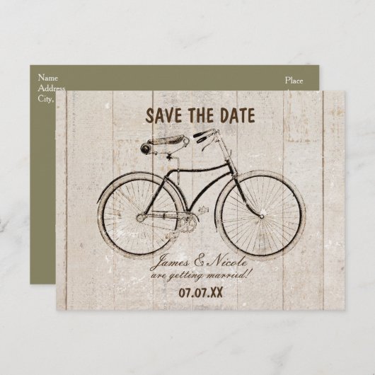 Antieke Fiets op Houten Rustieke Ansichtkaart Aankondigingskaart (Voorkant / Achterkant)