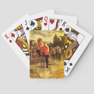 Antieke fiets wielrennen vrouw dek cadeau pokerkaarten