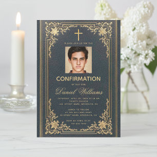Antieke Foto Elegante Jongen Communie Blauw Goud Kaart