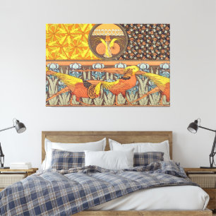 Antieke Franse Art Nouveau Natuur Vogel Patroon Canvas Afdruk