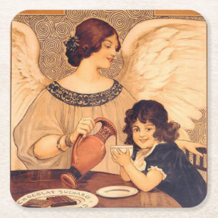 Antieke Franse Chocolade Engel Poster: Vintage Kun Vierkante Kartonnen Onderzetter