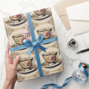 Antieke Franse landelijke bloem-theekop Cadeaupapier