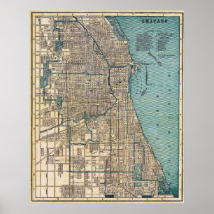 Antieke gedetailleerde Chicago kaartposter 1893 Poster