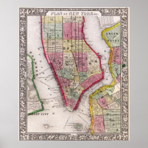 Antieke gedetailleerde New York kaartposter 1865 Poster