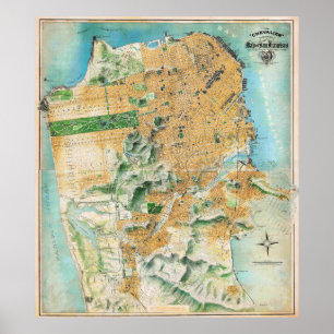 Antieke gedetailleerde San Francisco kaartposter 1 Poster
