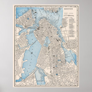Antieke gedetailleerde stadsplattegrond van Boston Poster