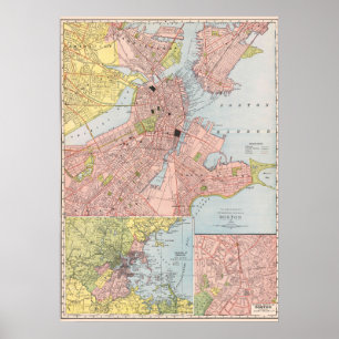 Antieke gedetailleerde stadsplattegrond van Boston Poster