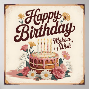 Antieke "Gefeliciteerd - Doe een Wens" Bloemige Ta Poster