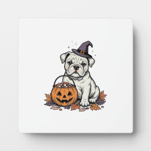 Antieke Gegraveerde Halloween Bulldog Pompoen Ontw Fotoplaat