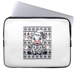 Antieke Gegraveerde Kerst Koe Ugly Sweater Ontwerp Laptop Sleeve