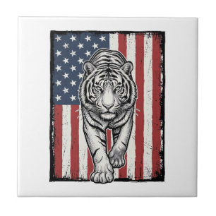 Antieke Gegraveerde Tijger Amerikaanse Vlag Patrio Tegeltje