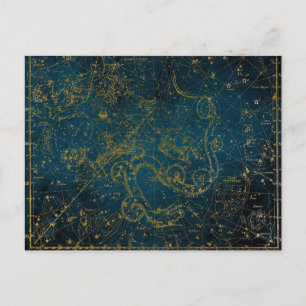 Antieke geïllustreerde donkerblauwe en gouden ster briefkaart