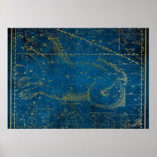 Antieke geïllustreerde midblauwe en gouden sterren poster