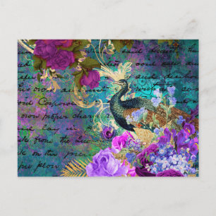 Antieke Geïllustreerde Pauw & Bloemen Grunge Briefkaart