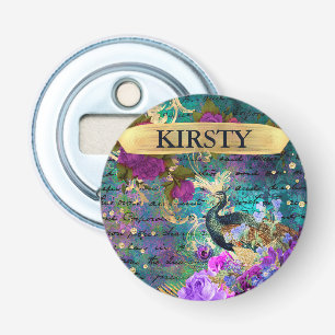 Antieke Geïllustreerde Pauw & Bloemen Grunge Button Flesopener