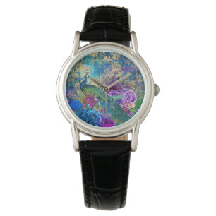 Antieke Geïllustreerde Pauw & Bloemen Grunge Horlo Horloge