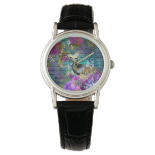 Antieke Geïllustreerde Pauw & Bloemen Grunge Horloge