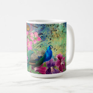 Antieke Geïllustreerde Pauw & Bloemen Grunge Koffiemok