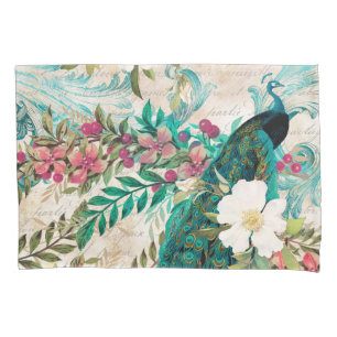 Antieke Geïllustreerde Pauw & Bloemen Grunge Kussensloop