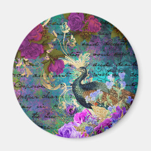Antieke Geïllustreerde Pauw & Bloemen Grunge Magneet