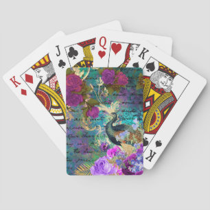 Antieke Geïllustreerde Pauw & Bloemen Grunge Pokerkaarten