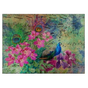 Antieke Geïllustreerde Pauw & Bloemen Grunge Snijplank