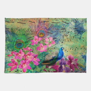 Antieke Geïllustreerde Pauw & Bloemen Grunge Theedoek