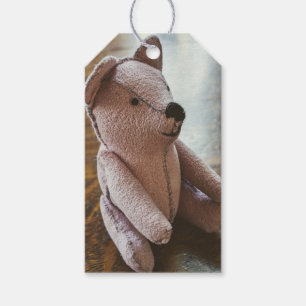 Antieke genaaide teddybeer fotografie cadeaulabel