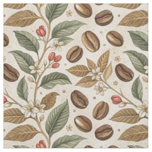 Antieke Geroosterde Koffiebonen & Bloemen Patroon Stof