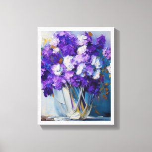 Antieke glazen vaas met paarse bloemen canvas afdruk