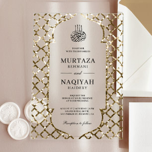Antieke Gouden Glitter Lijst Moslim Bruiloft Acryl Uitnodigingen