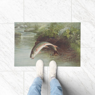 Antieke gravure met springende beekforel voor het deurmat