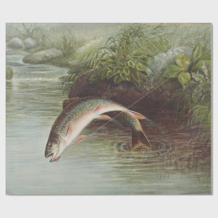 Antieke gravure van springende beekforel voor het  cadeaupapier