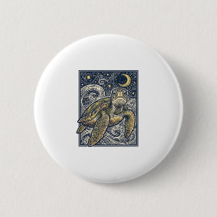 Antieke Gravure Zeeschildpad Sterrennacht Ronde Button 5,7 Cm