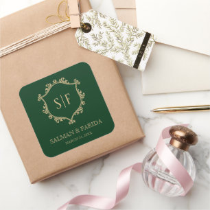 Antieke groene gouden kuif monogram huwelijksgesch vierkante sticker