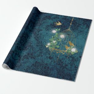 Antieke Grunge Damast Vogelkooi Cadeaupapier