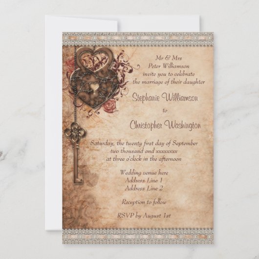 Antieke Hartjes Slot en Sleutel Foto Bruiloft Kaart (Achterkant)