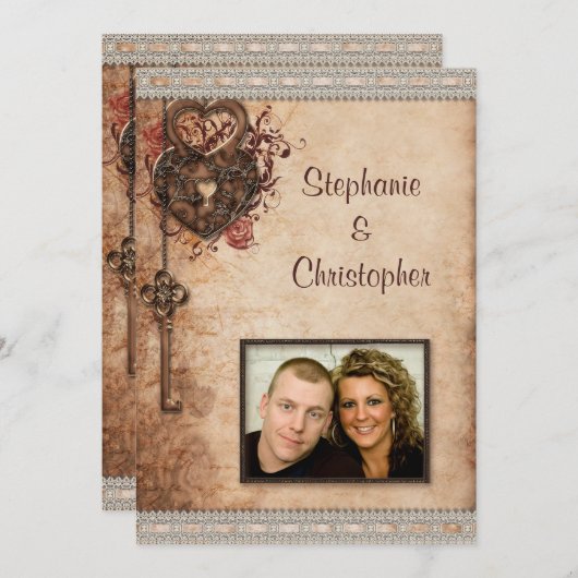 Antieke Hartjes Slot en Sleutel Foto Bruiloft Kaart (Voorkant / Achterkant)