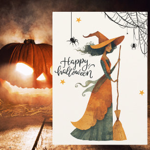 Antieke Heksenbezem Spin Gotische Halloween Feestdagenkaart
