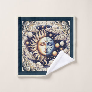 Antieke Hemelse Halve Zon & Maan Blauw Geel Bad Handdoek