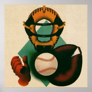 Antieke honkbalspeler, catcher met handschoen poster