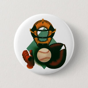 Antieke honkbalspeler, catcher met handschoen ronde button 5,7 cm