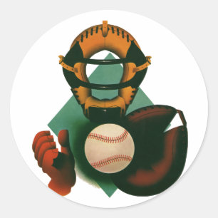 Antieke honkbalspeler, catcher met handschoen ronde sticker