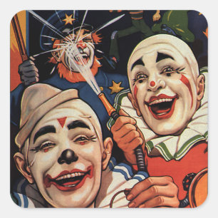 Antieke humor, lachende circusclowns en politie vierkante sticker
