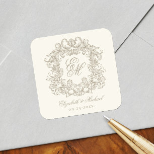 Antieke Ivoren Elegante Trouw Monogram Wapen Vierkante Sticker