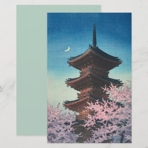 Antieke Japanse Houtblokdruk Lentebedeling Pagode