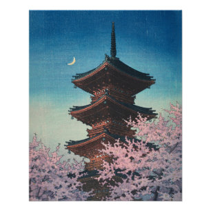 Antieke Japanse Houtblokdruk Lentebloesem Pagode Perfect Poster