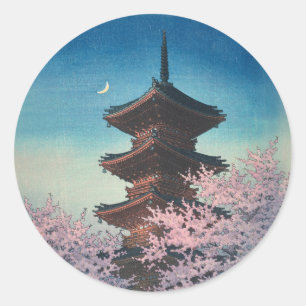 Antieke Japanse Houtblokdruk Lentebloesem Pagode Ronde Sticker